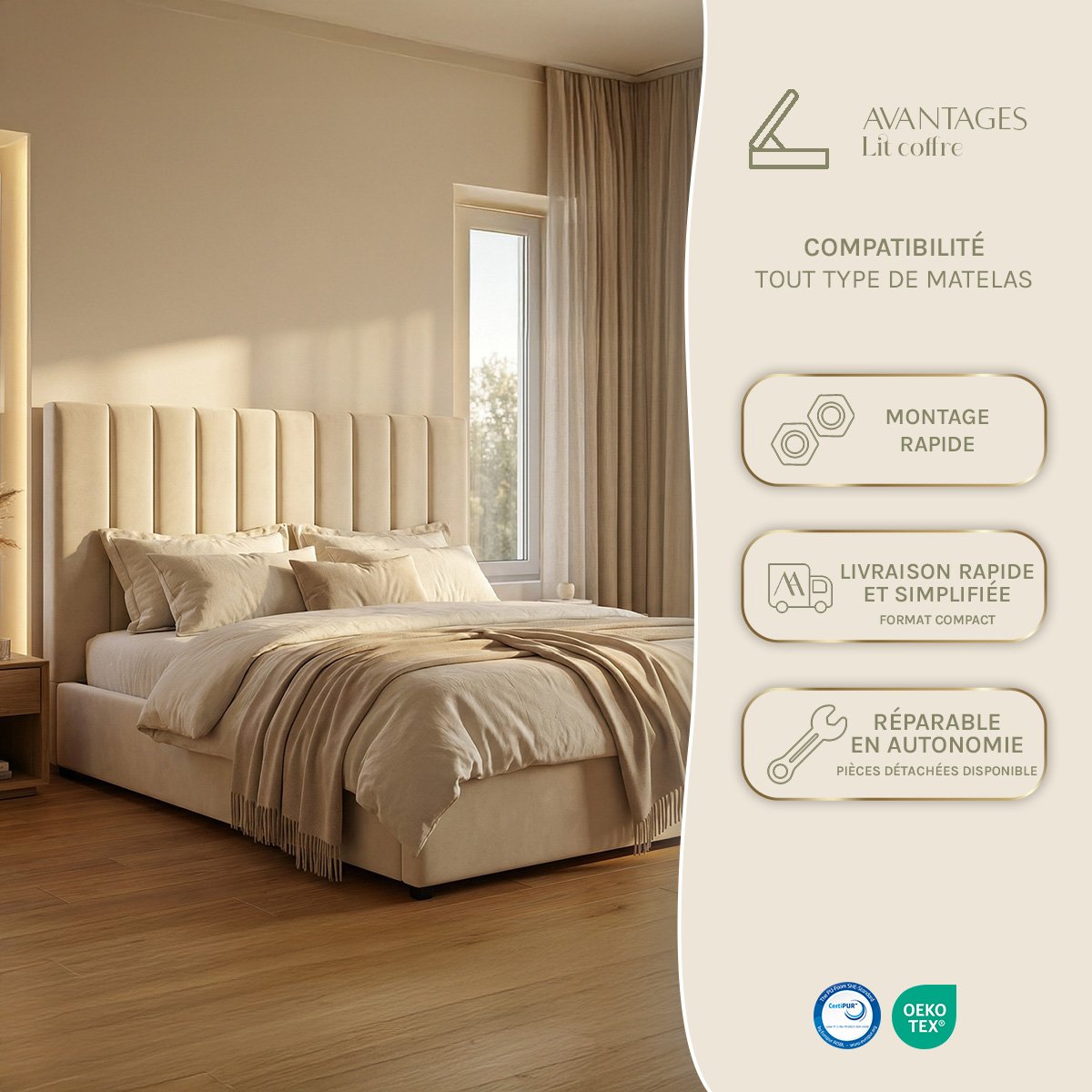 Lit coffre - Velours beige - GIULIA beige, MAISON AUBERTIN
