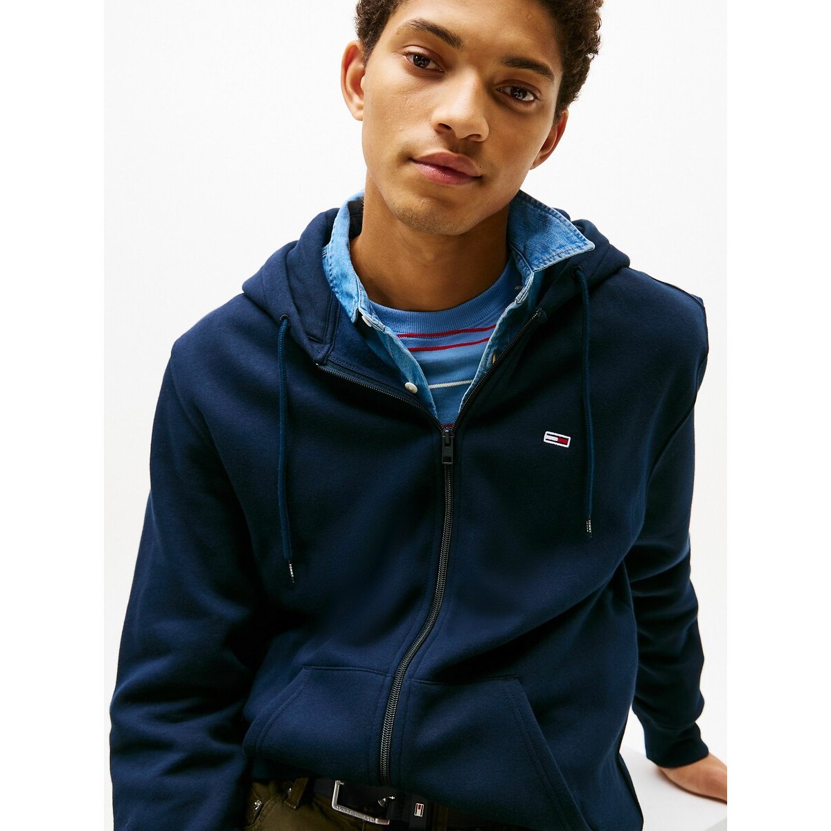Sweat à capuche zippé en molleton brossé bleu foncé, TOMMY JEANS