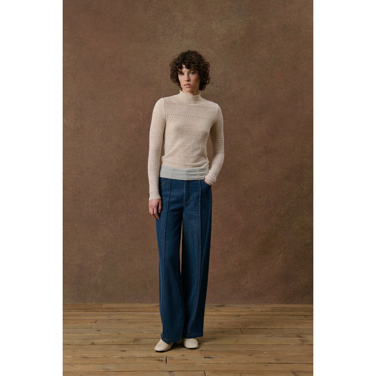 Pull col montant en maille ajourée, KARESTA crème, LOUISE MISHA
