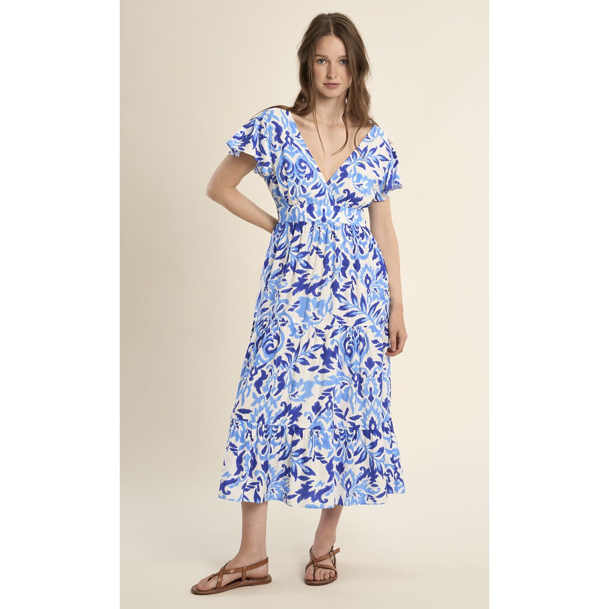 Robe longue imprimée manches courtes imprimé bleu, MOLLY BRACKEN