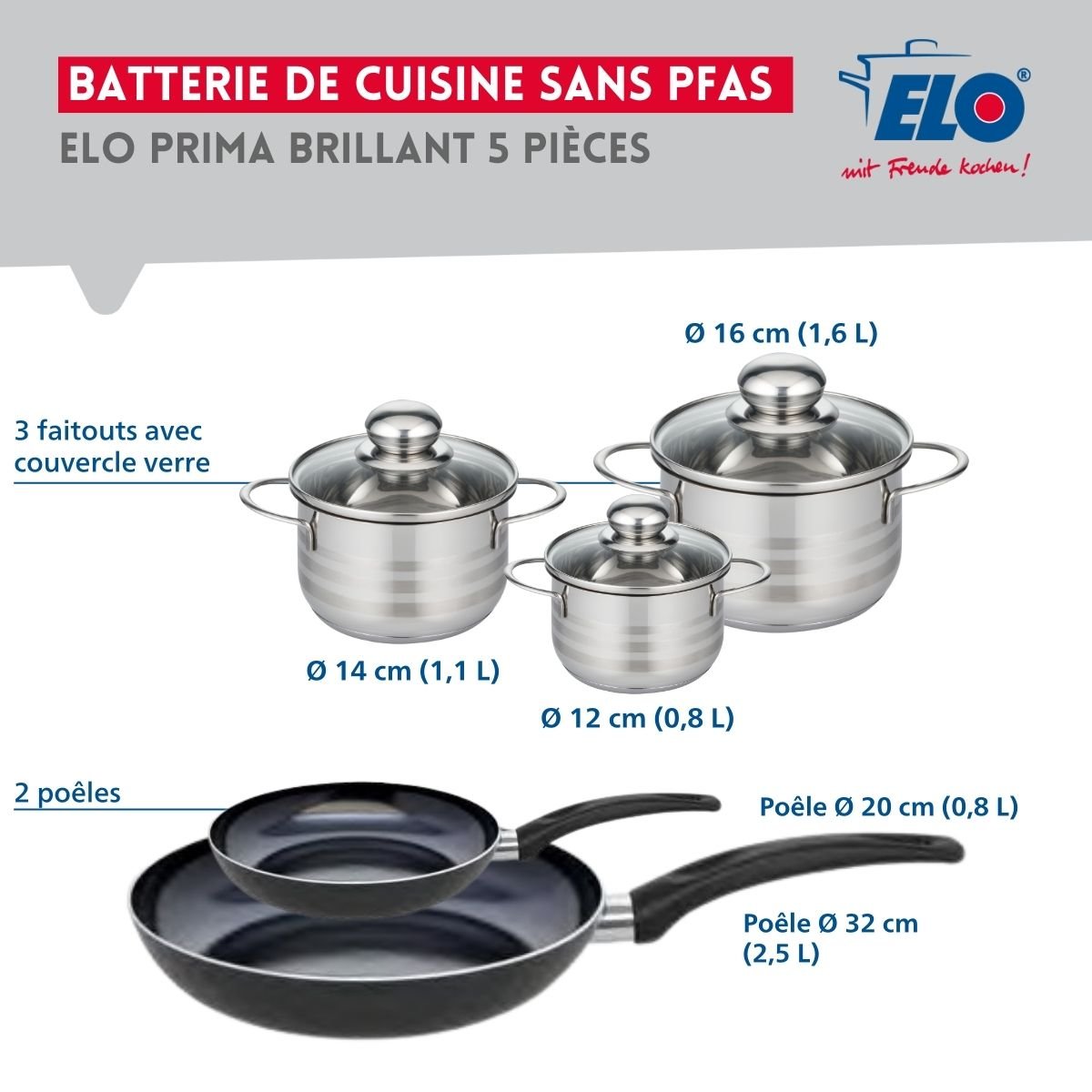 Batterie 2 poêles 20/32cm + 3 faitouts 12/14/16cm PRIMA BRILLANT noir, ELO
