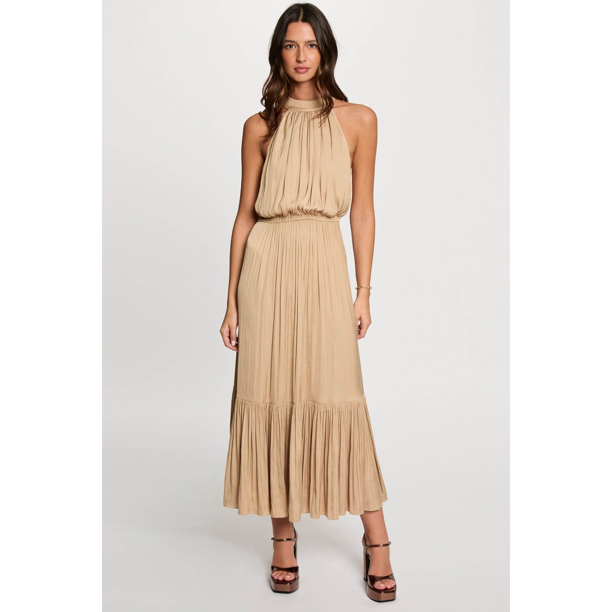 Robe longue évasée fluide beige, MORGAN