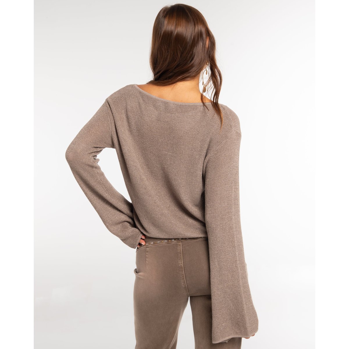 Pull en maille légère métallisée à manches évasées gris, THE-ARE