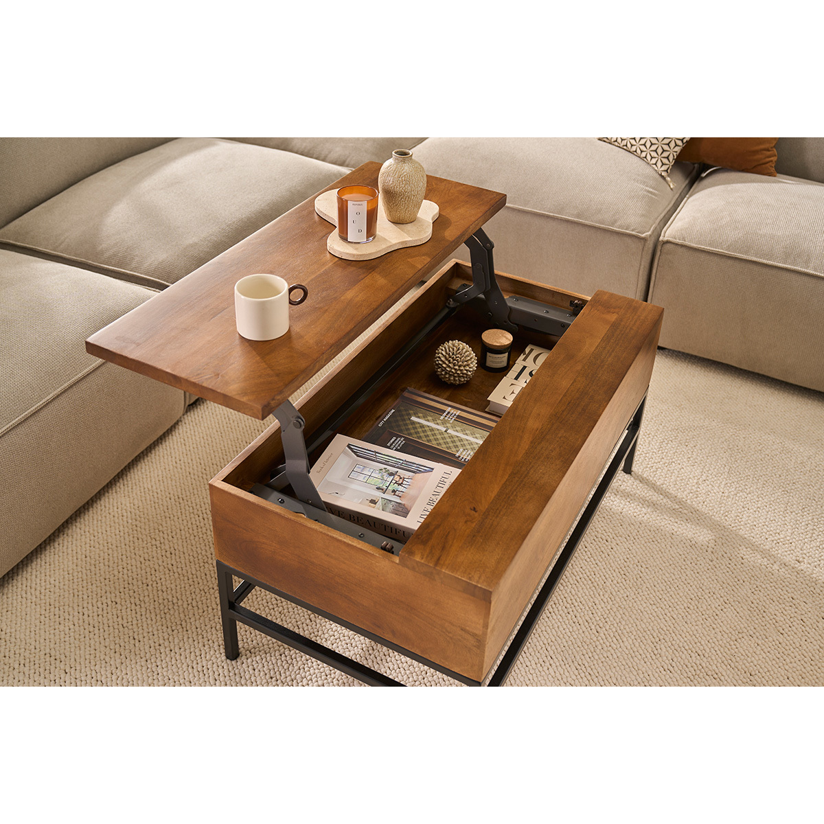 Table basse relevable industrielle bois manguier massif teinté et métal noir L90 cm YPSTER marron, MILIBOO