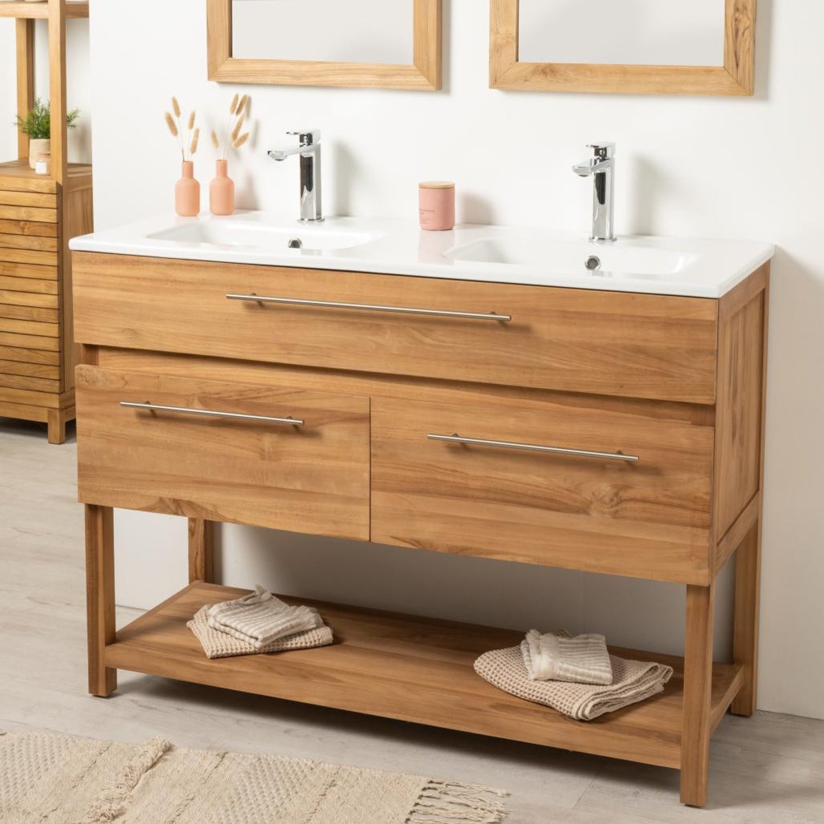 Meuble salle de bain en teck massif et céramique Bagster 120 cm blanc, WANDA COLLECTION