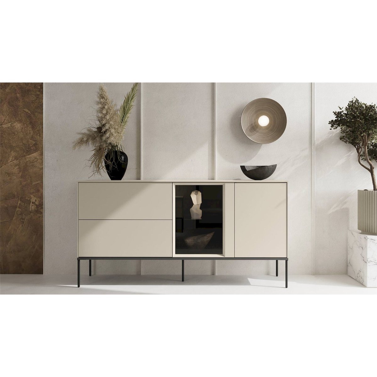 Buffet bas bois collection BELLEZO vitrine LED crème mat et noir, RECOLLECTION