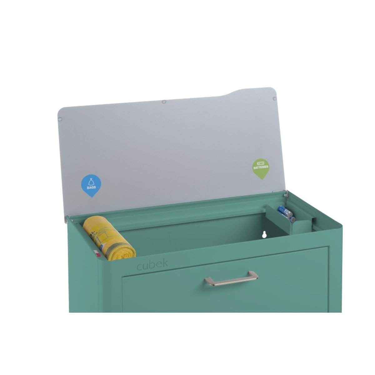 Poubelle de tri cuisine 4 compartiments, capacité 80 L, CUBEK, un meuble grande capacité pour organiser le tri des déchets turquoise, DON HIERRO