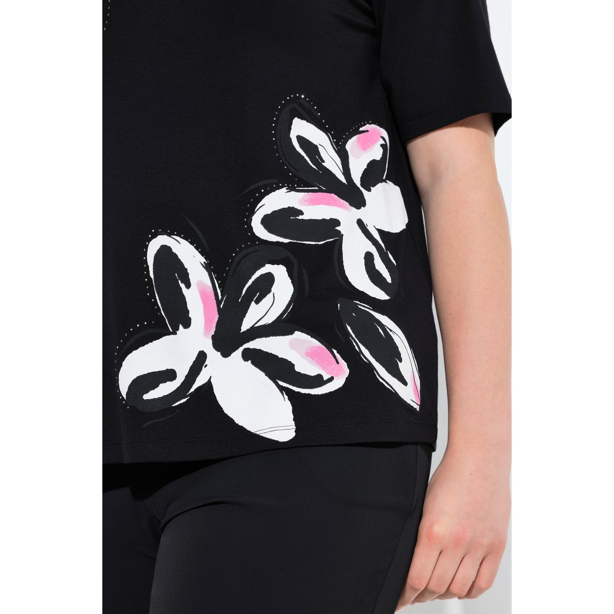 T-shirt motif floral et strass fantaisie noir, ULLA POPKEN