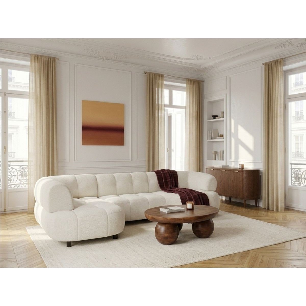 Canapé d'angle convertible 3 places en tissu lisse, LOVELY beige, BOBOCHIC