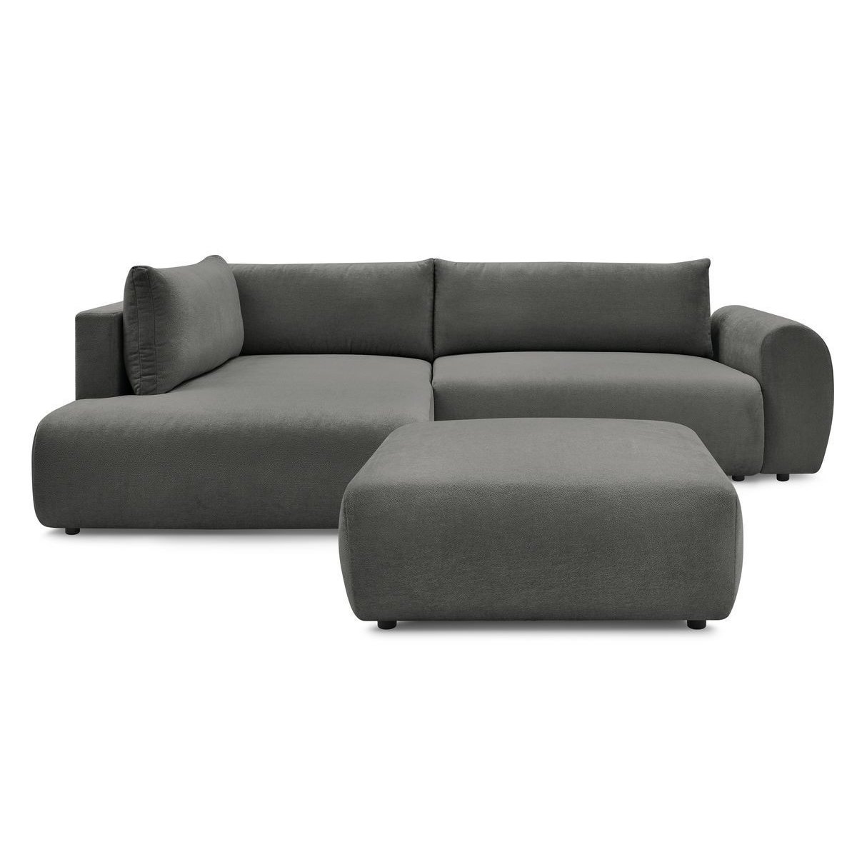 Canapé d'angle convertible 4 places en tissu lisse avec pouf, LUCIEN gris foncé, BOBOCHIC