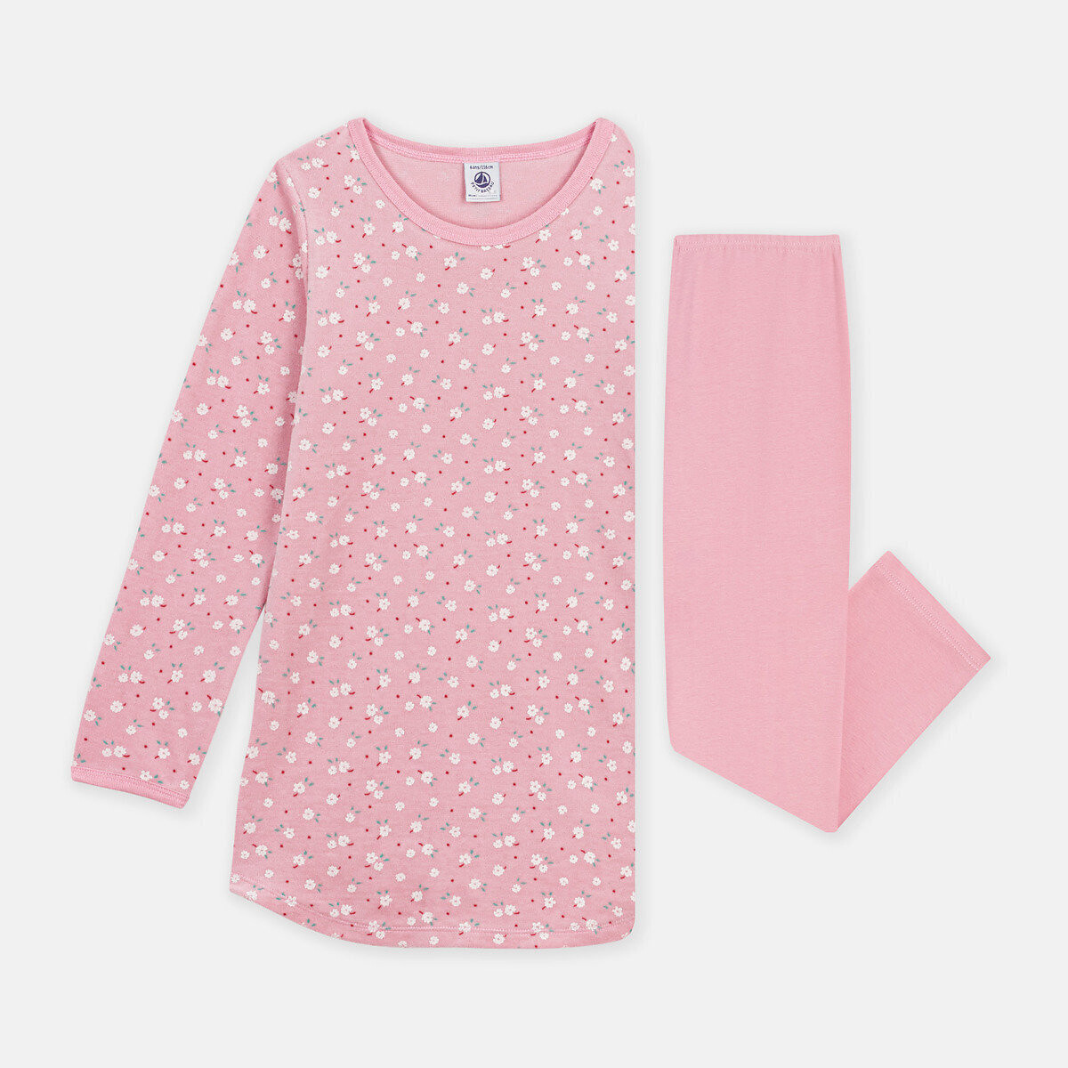 Camicia da notte con stampa a fiori e legging a tinta unita in velluto fantasia fondo rosa, PETIT BATEAU