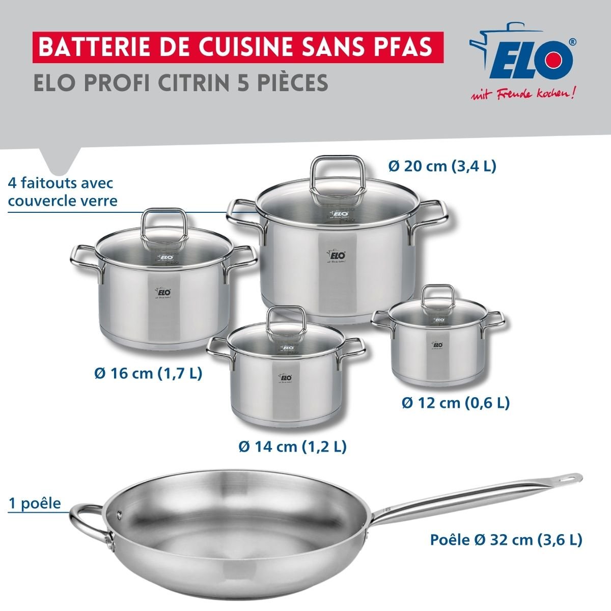 Batterie 1 poêle 32cm + 4 faitouts 12/14/16/20cm PROFI CITRIN gris, ELO