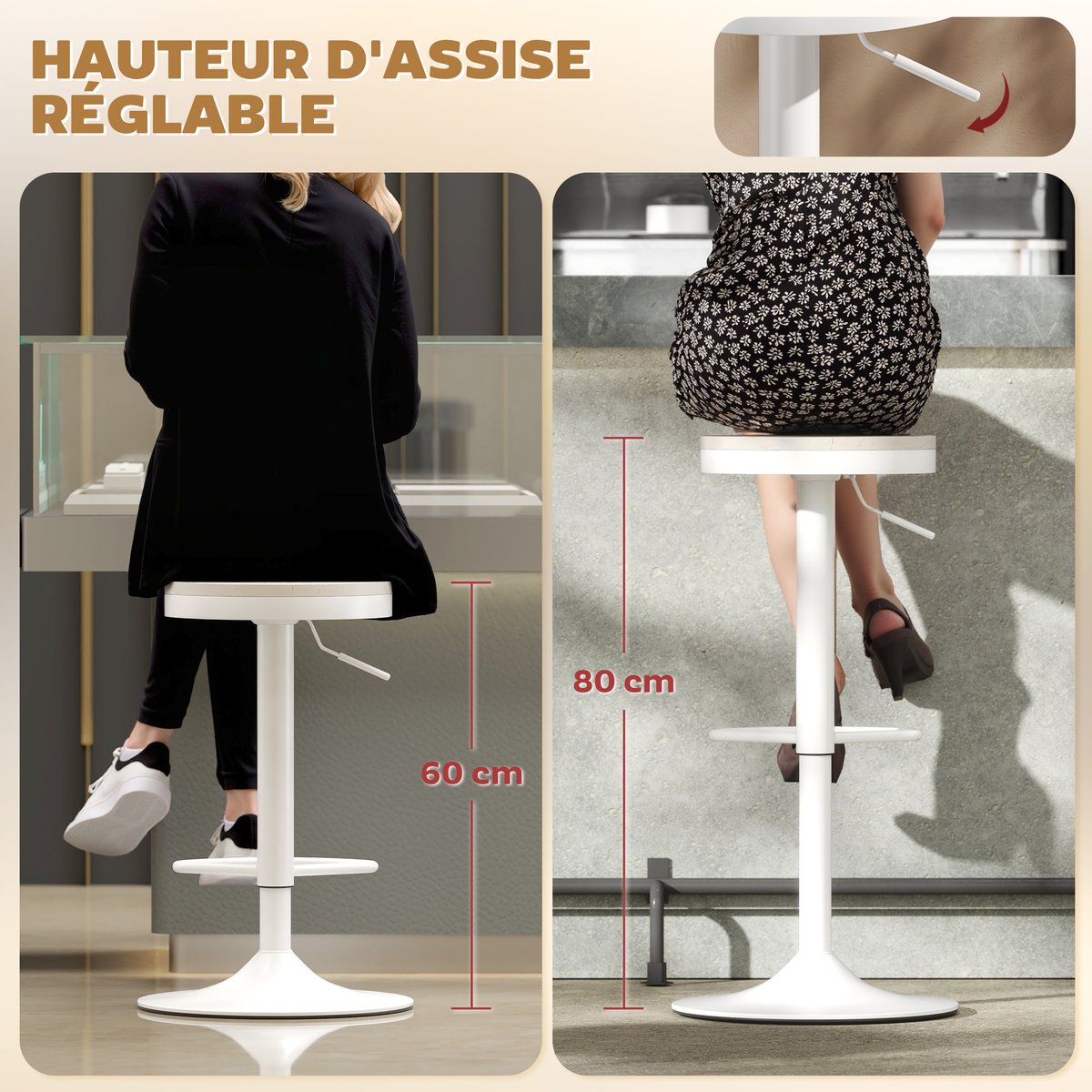 Tabouret de bar Acier Blanc blanc, HOMCOM