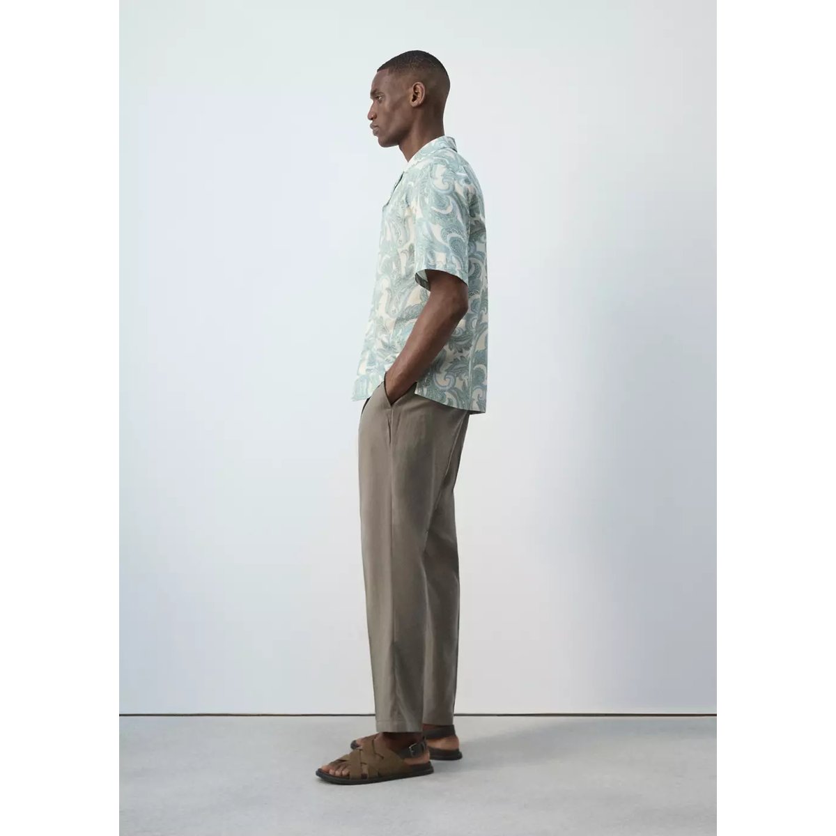 Chemise coton imprimée col bowling vert pastel, MANGO MAN