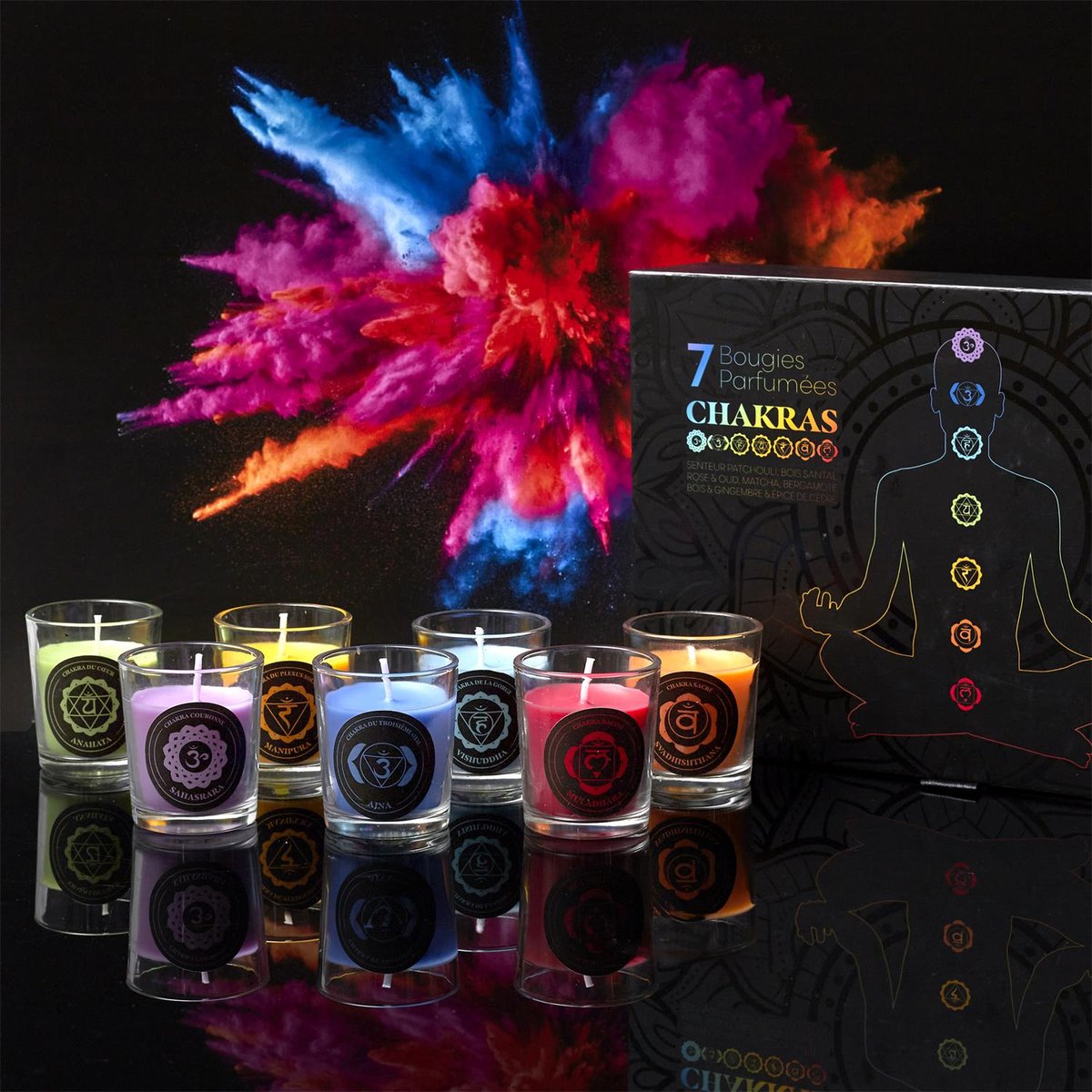 Coffret cadeau 7 bougies parfumées Chakra multicolore, EDEN
