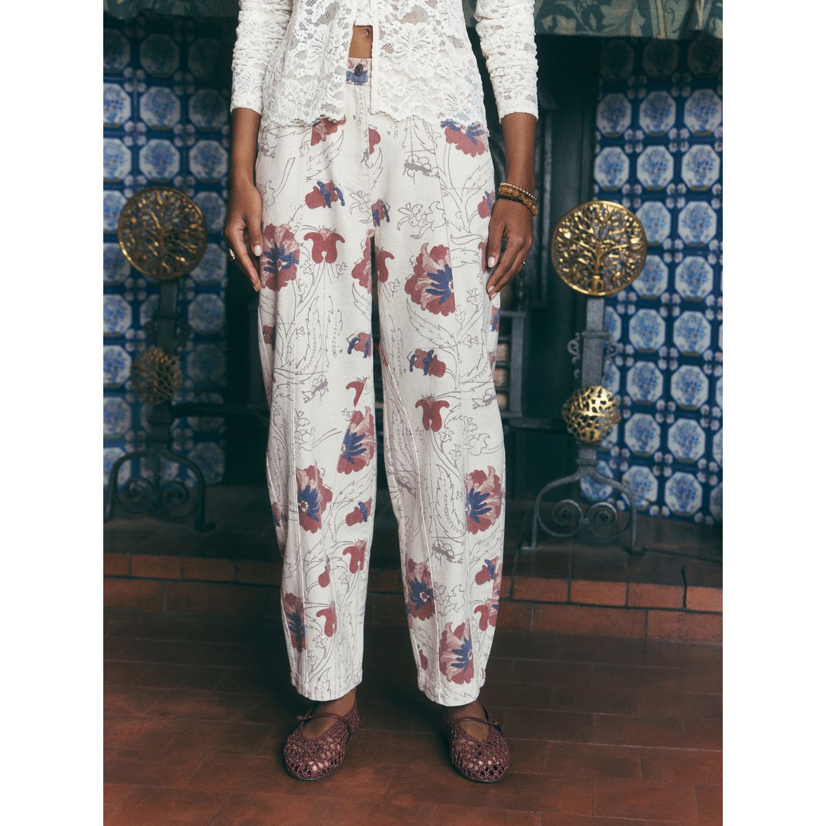 Pantalon cargo effet bouffant en coton imprimé floral écru, NEXT