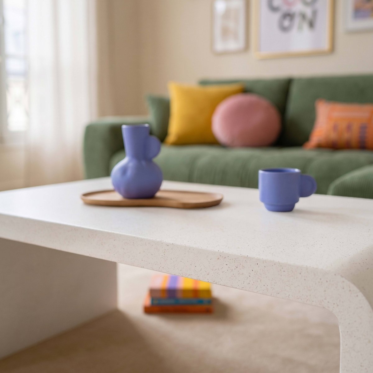 Table basse effet béton lisse rectangulaire 100x60x40 cm, RHODES blanc, OVIALA