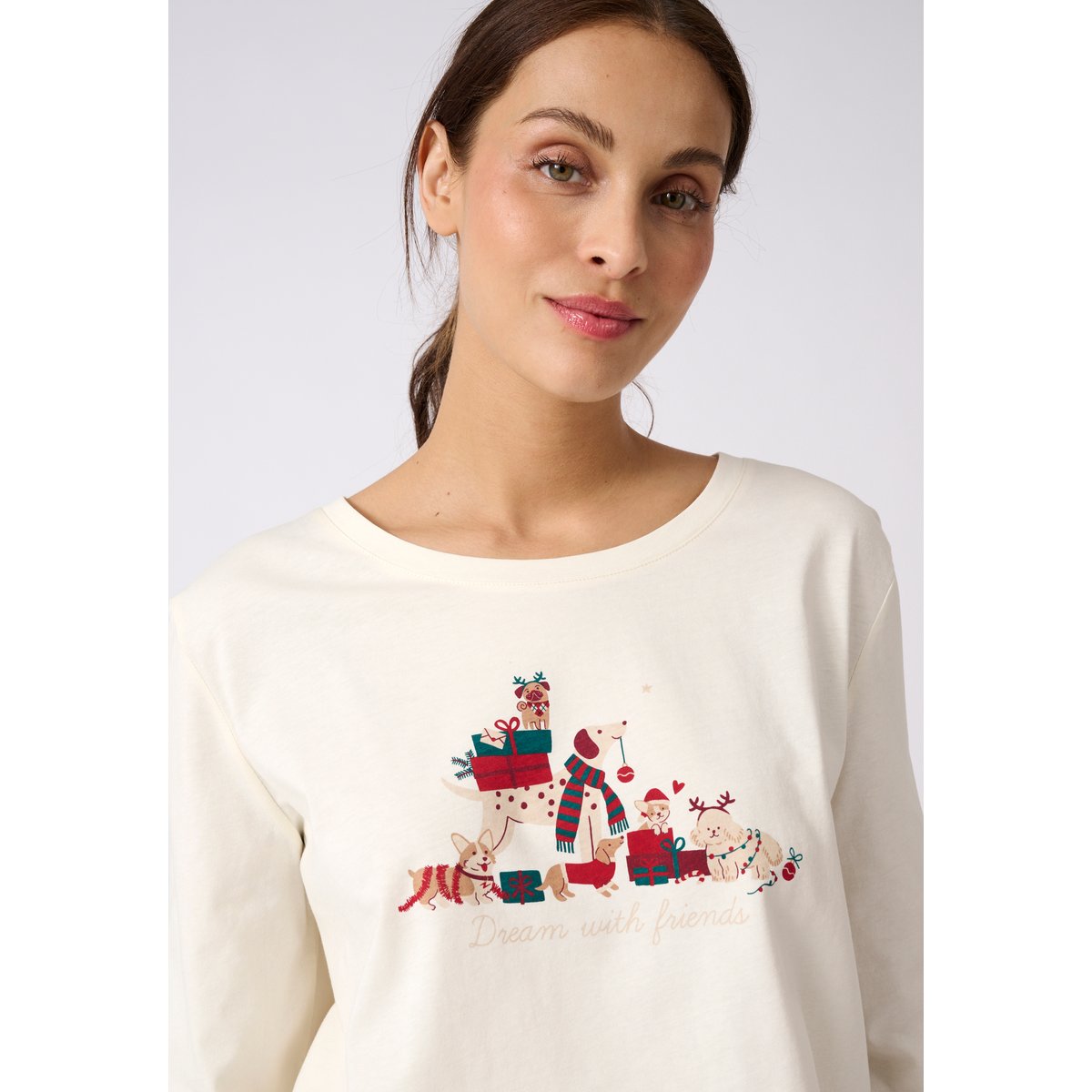 Pyjama de Noël en maille jersey pur coton peigné bleu marine imp., DAMART