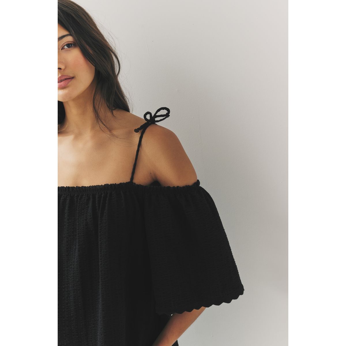 Haut bardot manches courtes 100 % coton noir, NEXT