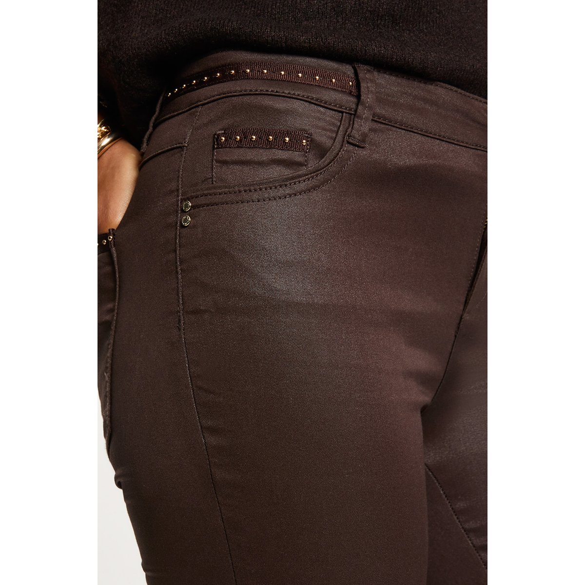 Pantalon slim enduit marron foncé, MORGAN