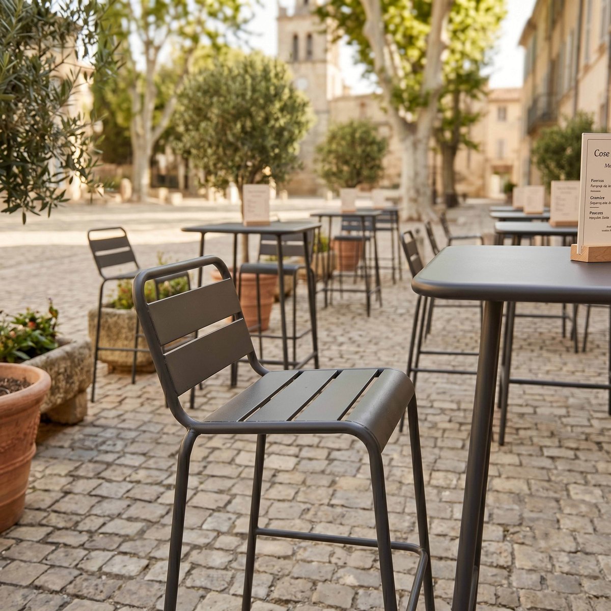 Salon de jardin table de bar et 2 chaises en acier, PALAVAS gris anthracite, OVIALA