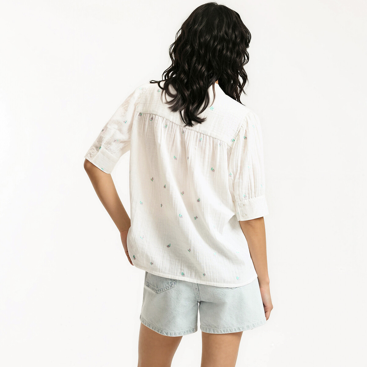 Blouse col rond à broderies florales manches 3/4 ivoire brodé, LA REDOUTE COLLECTIONS