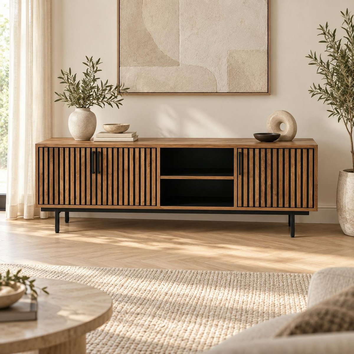 Meuble TV 3 portes 2 niches teck recyclé FANO bois naturel, PIER IMPORT
