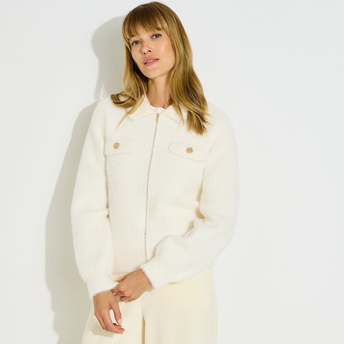 Gilet fluffy col chemise blanc cassé ecru, GRAIN DE MALICE