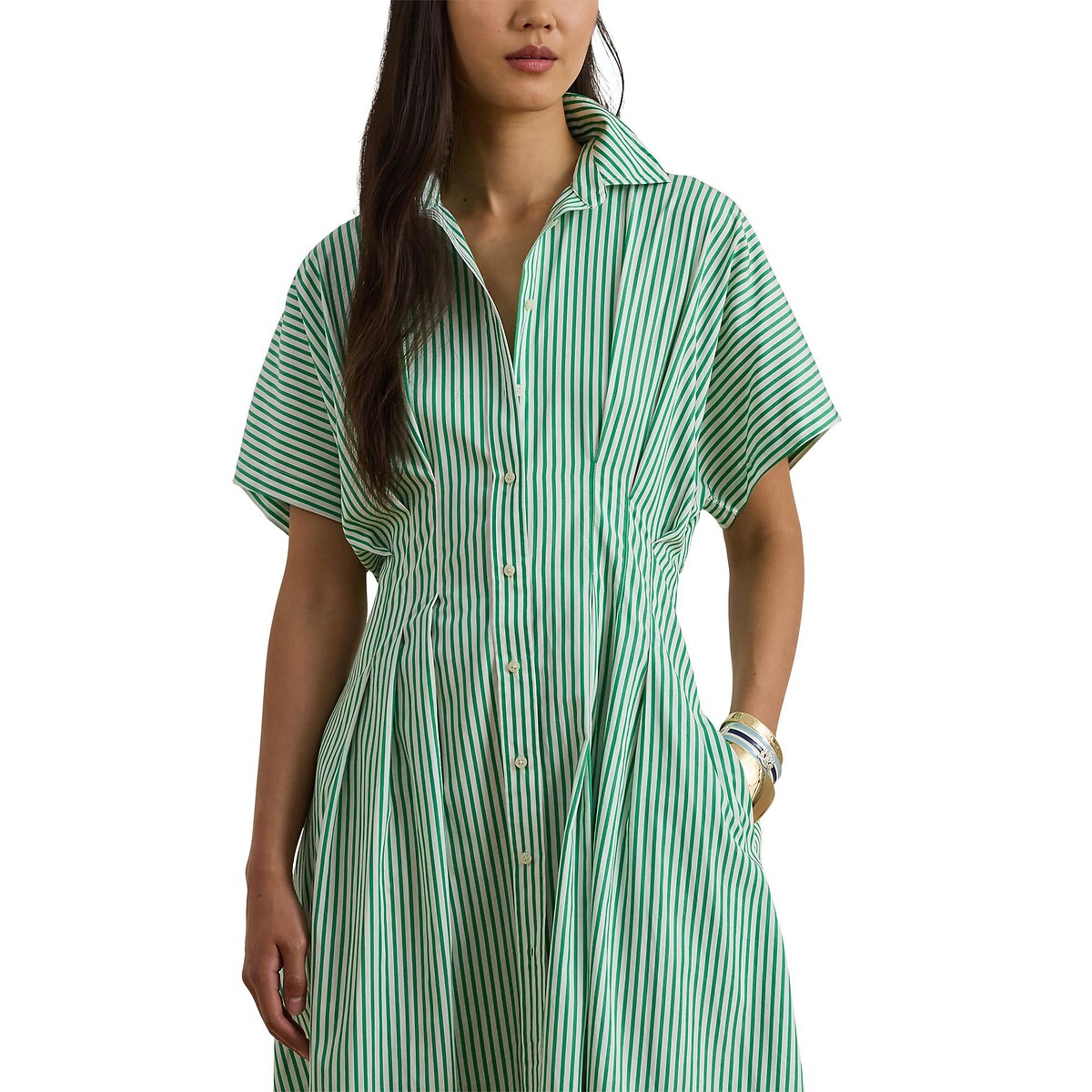 Vestido camisero midi de manga corta con estampado a rayas, RUSHANIA rayas verde/blanco, LAUREN RALPH LAUREN