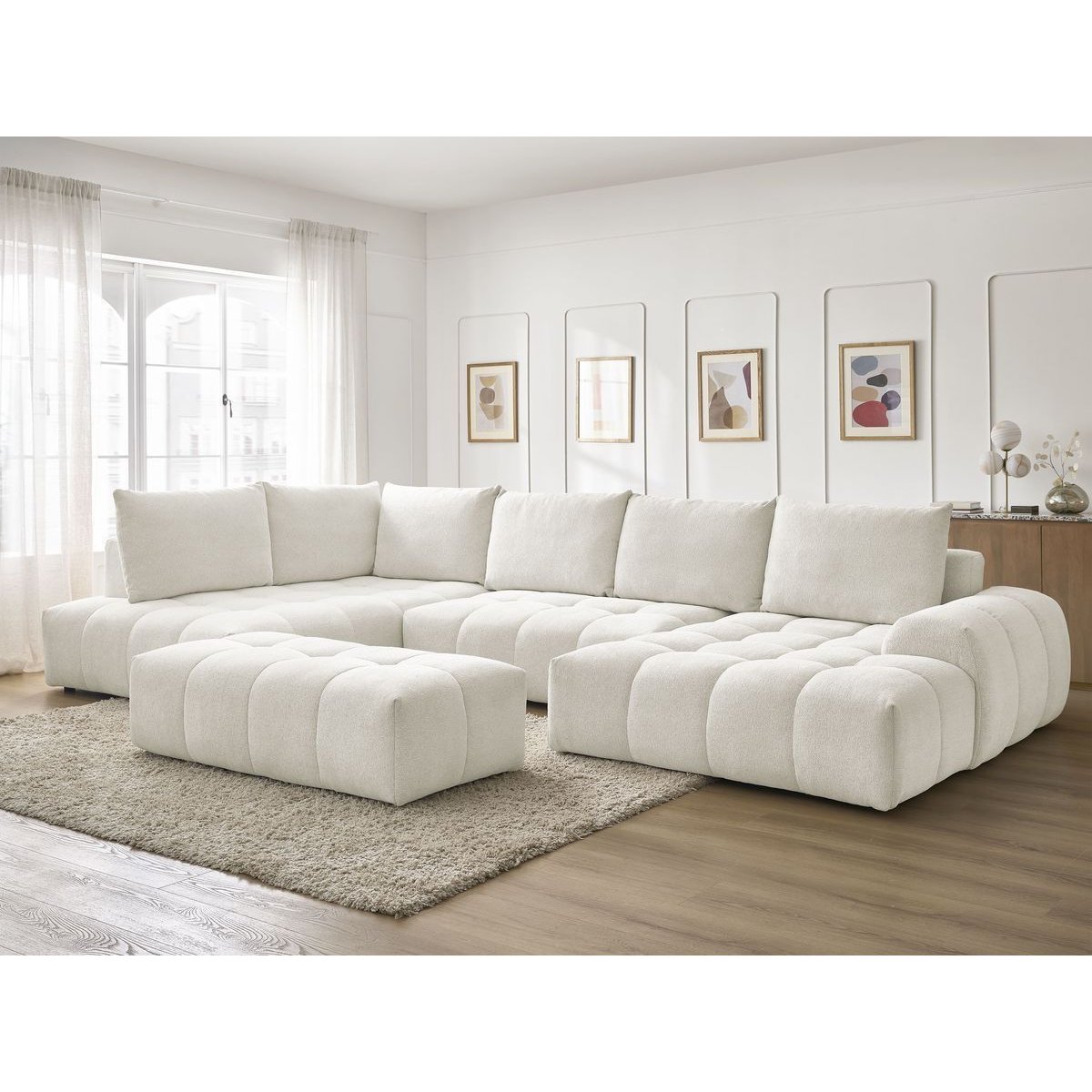 Canapé panoramique convertible 7 places en tissu chiné avec pouf, EVEREST blanc, BOBOCHIC
