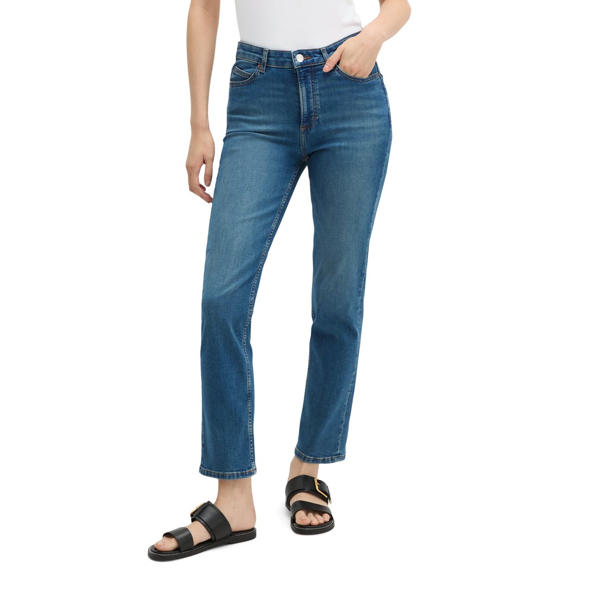 Jeans Modèle Linde straight cropped en denim stretch léger bleu moyen, MARC O'POLO