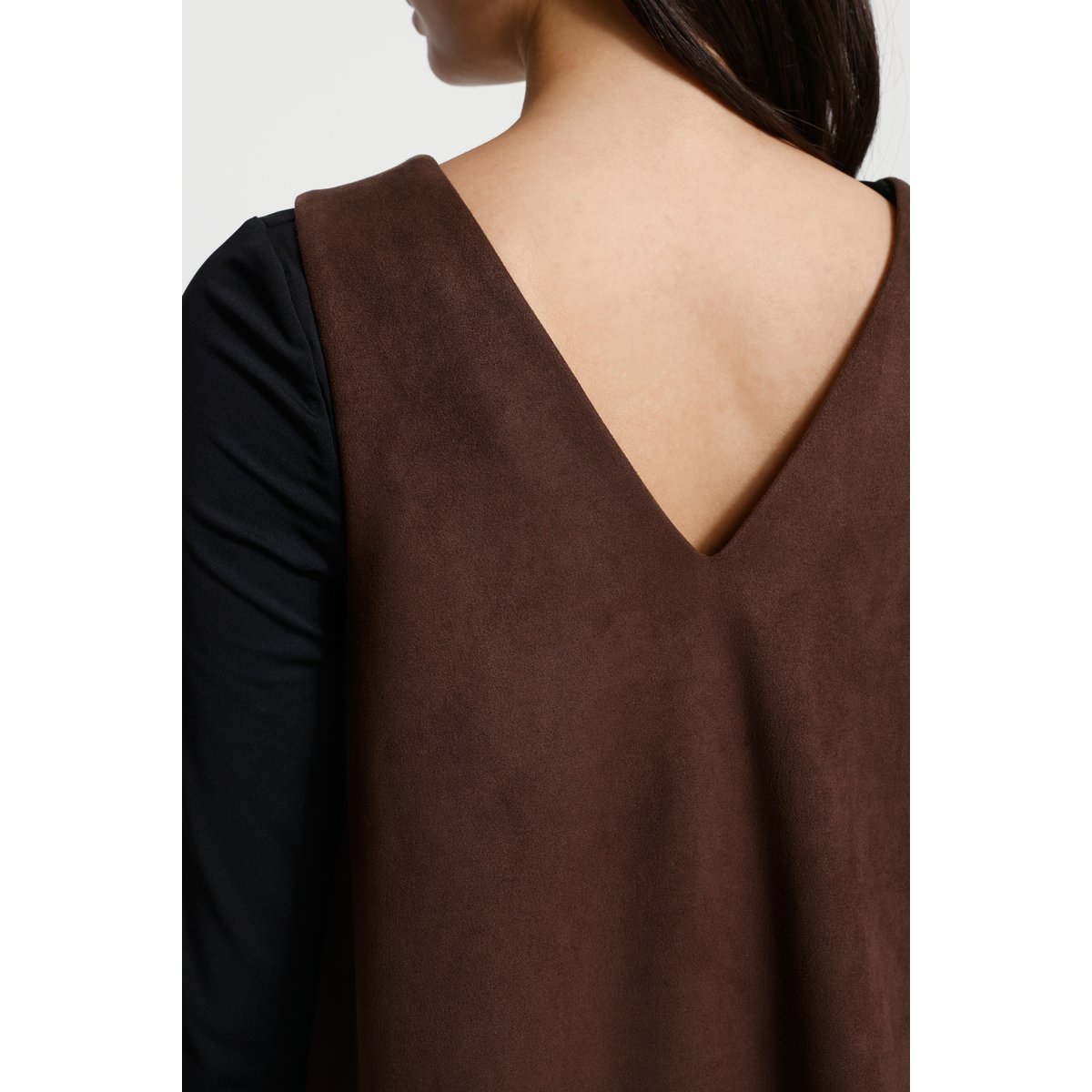 Robe sans manches, longueur genoux, col V marron coffee bean, ICHI