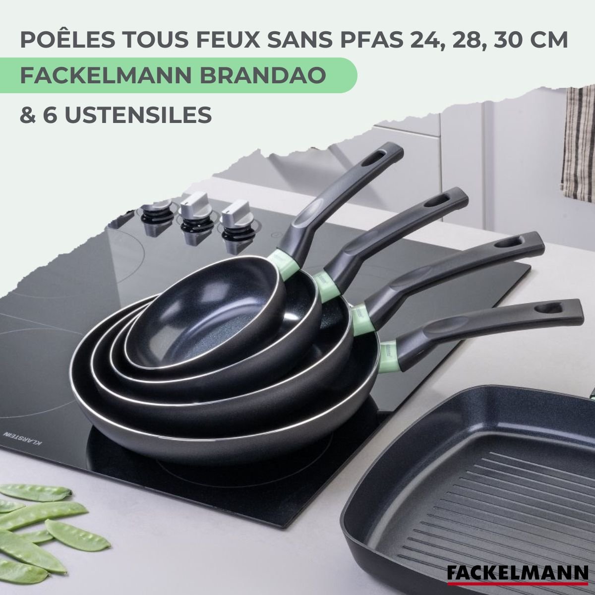 Ensemble de 3 poêles de 24, 28 et 6 ustensiles BRANDAO noir|vert, FACKELMANN