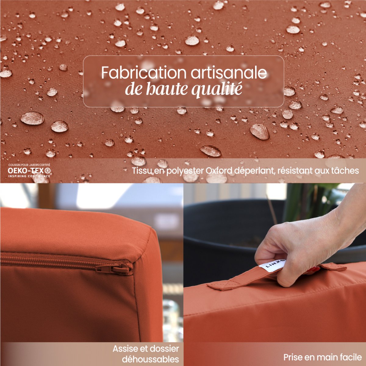Kit de coussins pour salon de jardin déhoussables - 50 x 50 cm terracotta, LINXOR
