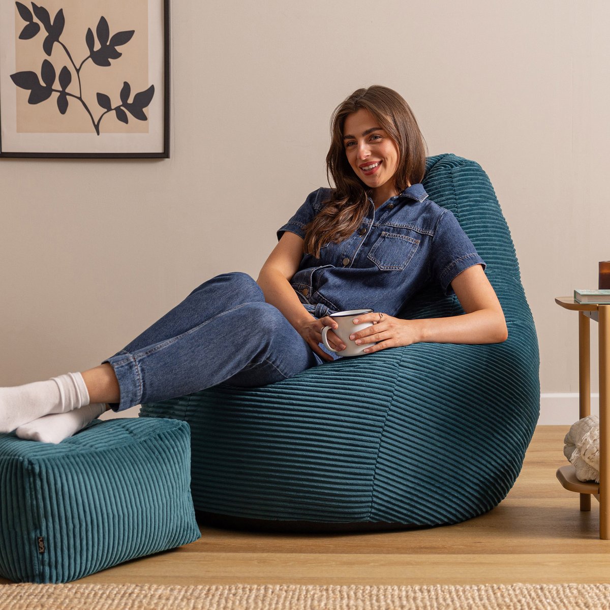 Pouf géant à dossier haut large XL avec repose-pied carré en velours côtelé Oeko-Tex® - DALTON bleu canard, ICON