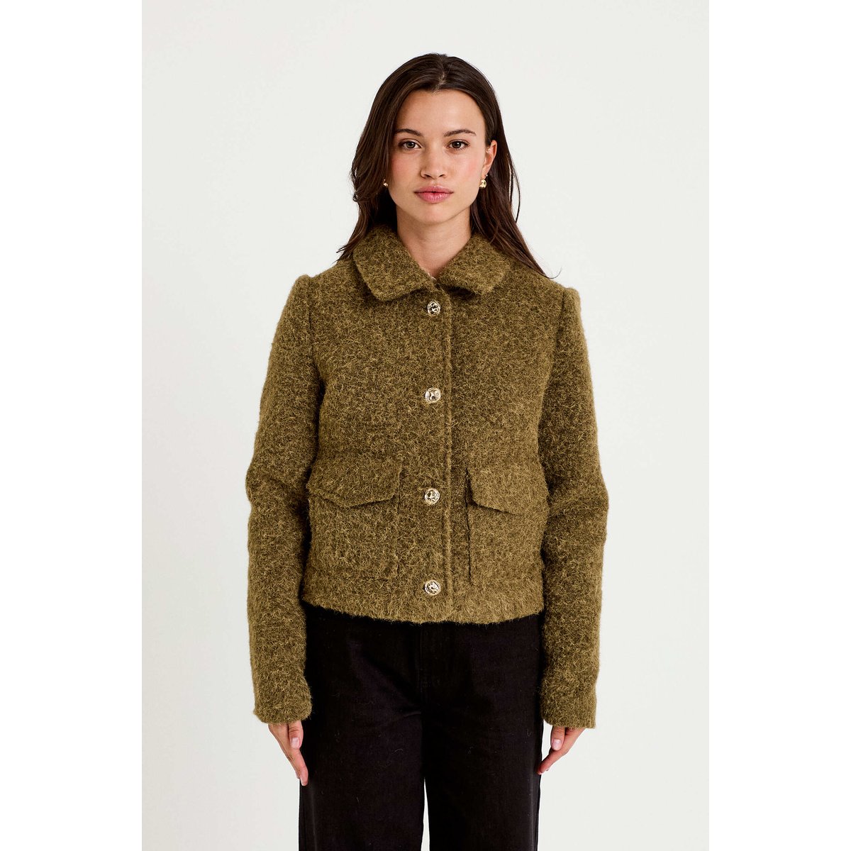 Veste droite bouclette col classique vert kaki, CACHE CACHE