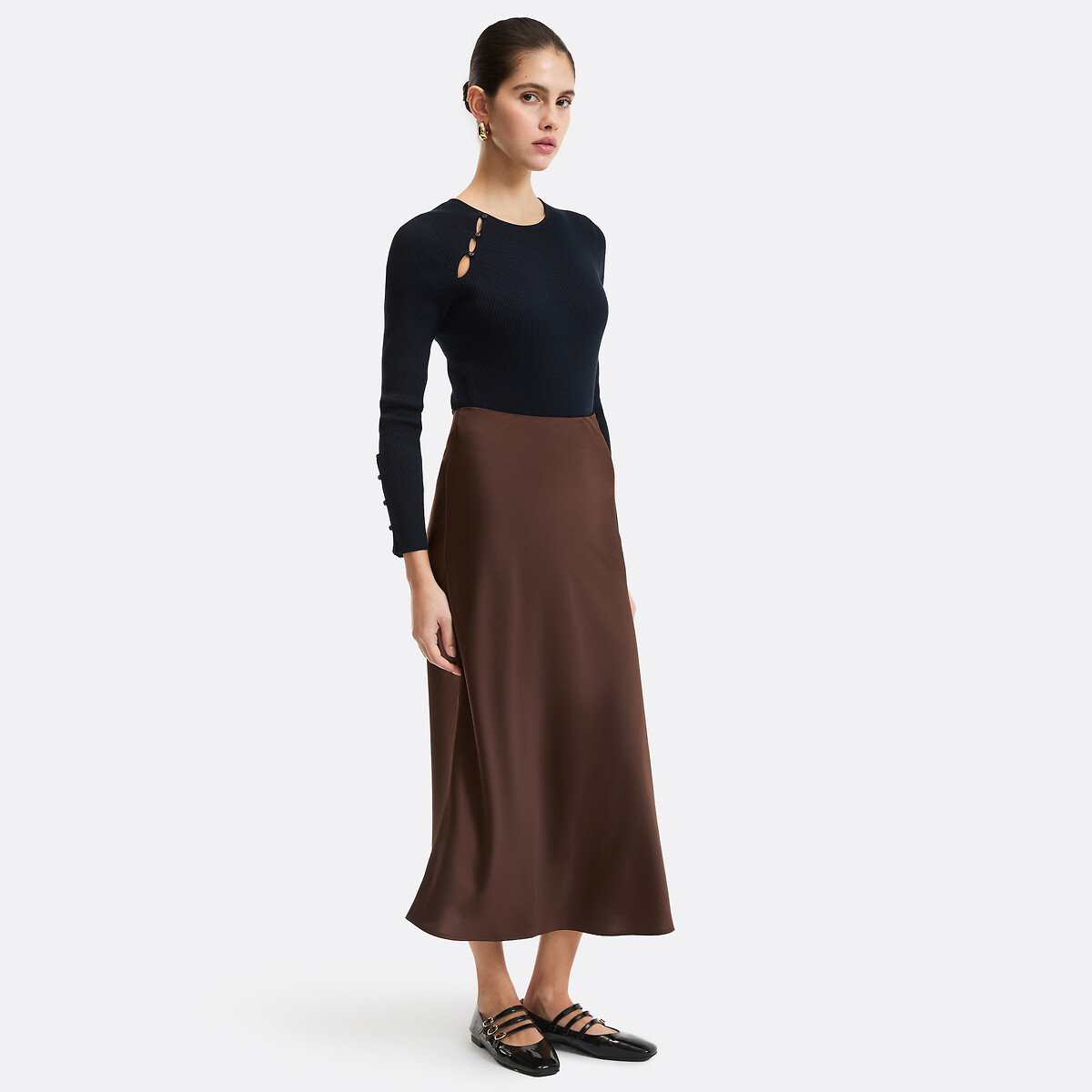 Pull col rond, manches longues, en fine maille côtelée bleu marine, LA REDOUTE COLLECTIONS