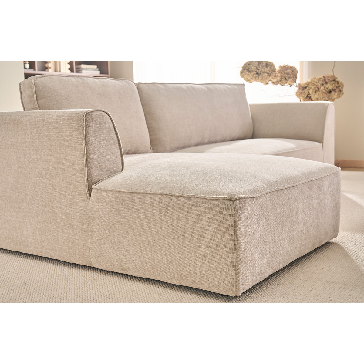 Canapé d'angle gauche design en tissu effet velours texturé terre brûlée 3 places GRAMMY beige, MILIBOO