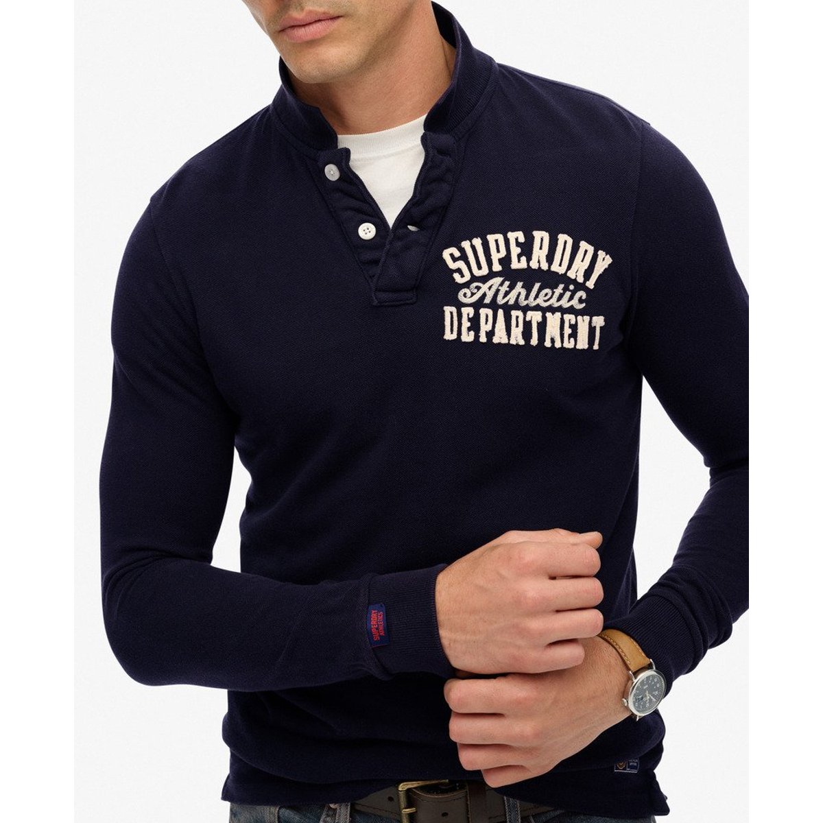 Polo à manches longues Vintage Athletic bleu marine éclipse, SUPERDRY