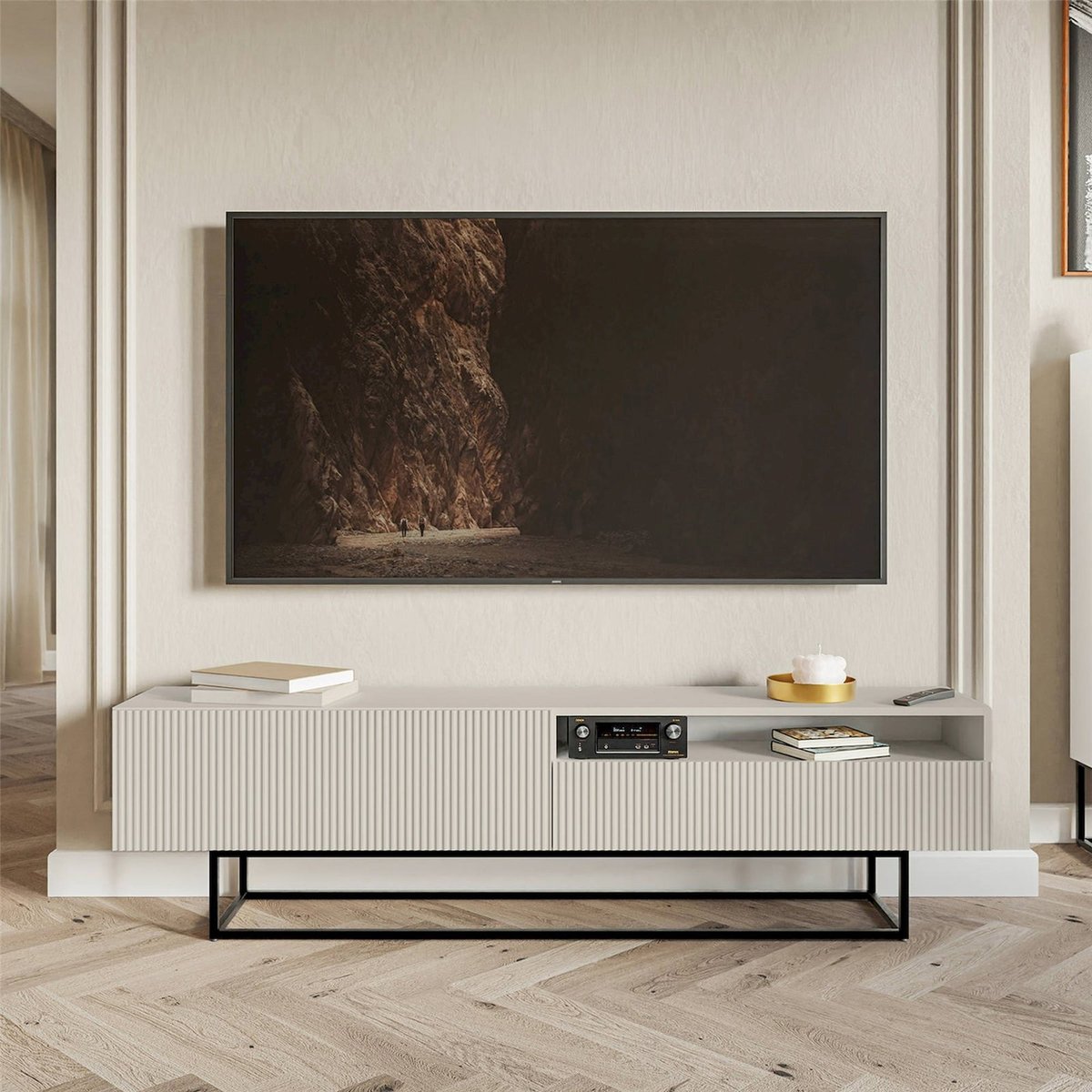 Meuble tv rainuré VELDIO avec niche noir, RECOLLECTION