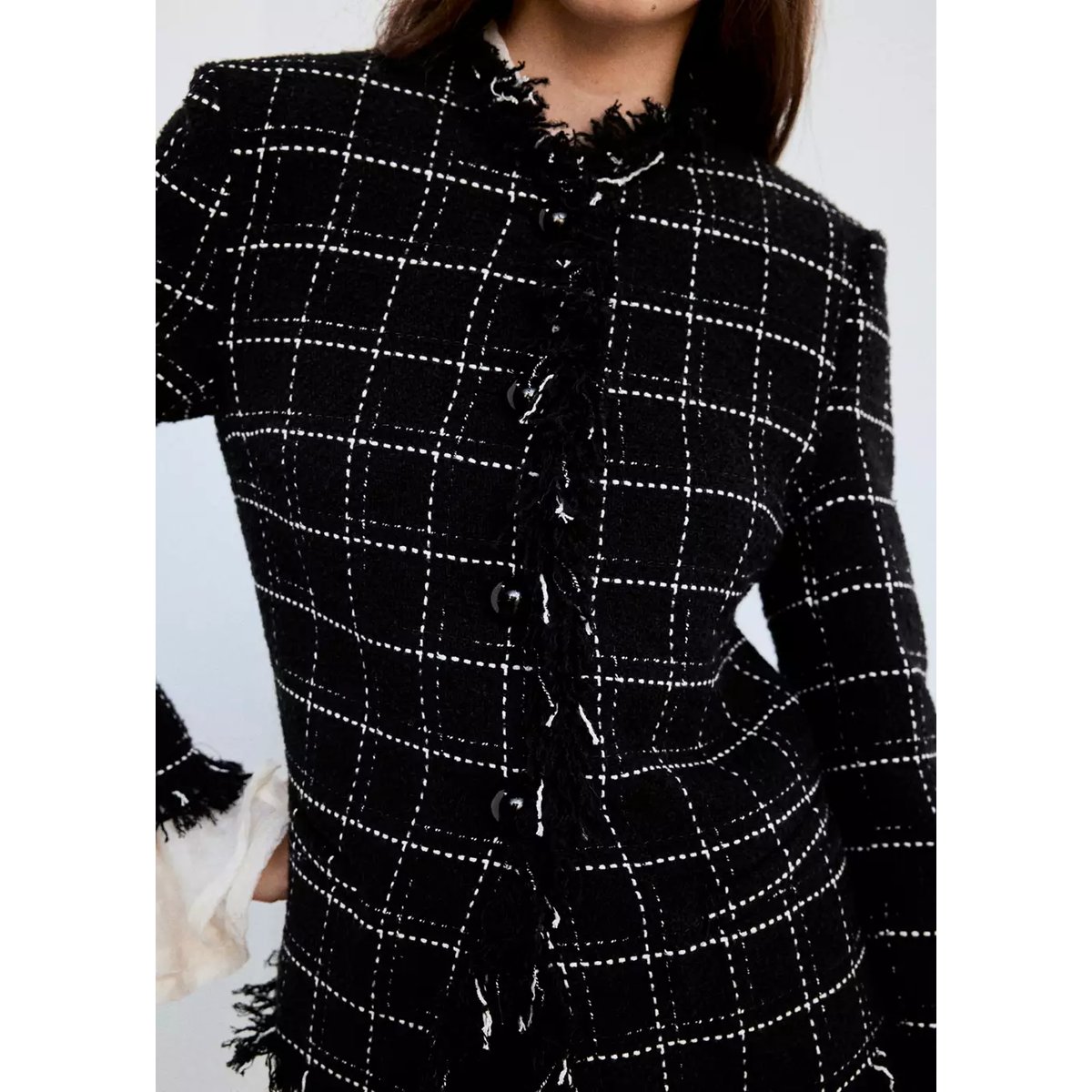 Blazer en tweed à franges noir, MANGO