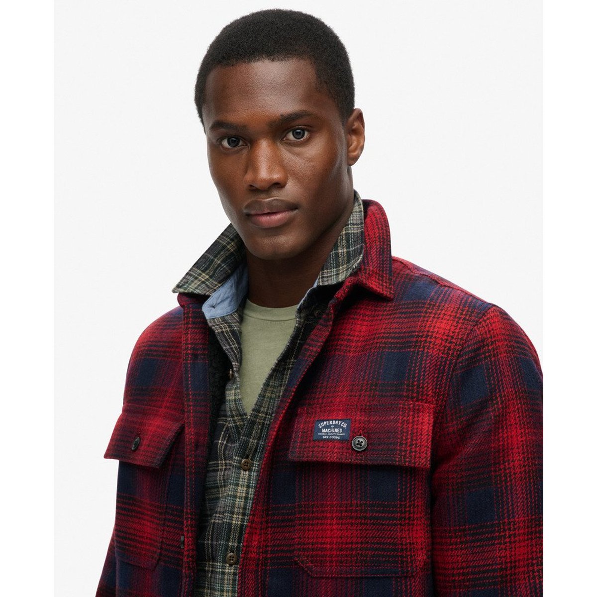 Surchemise zippée en laine à carreaux avec doublure en polaire dégradé rouge over, SUPERDRY