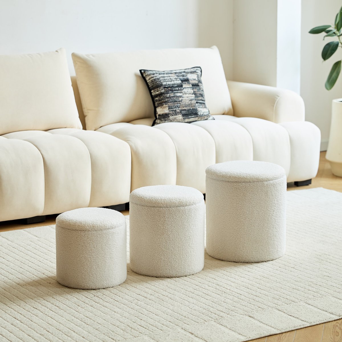 Set de 3 poufs avec rangement, bois, bouclette, NARVIK blanc cassé, NORDLYS