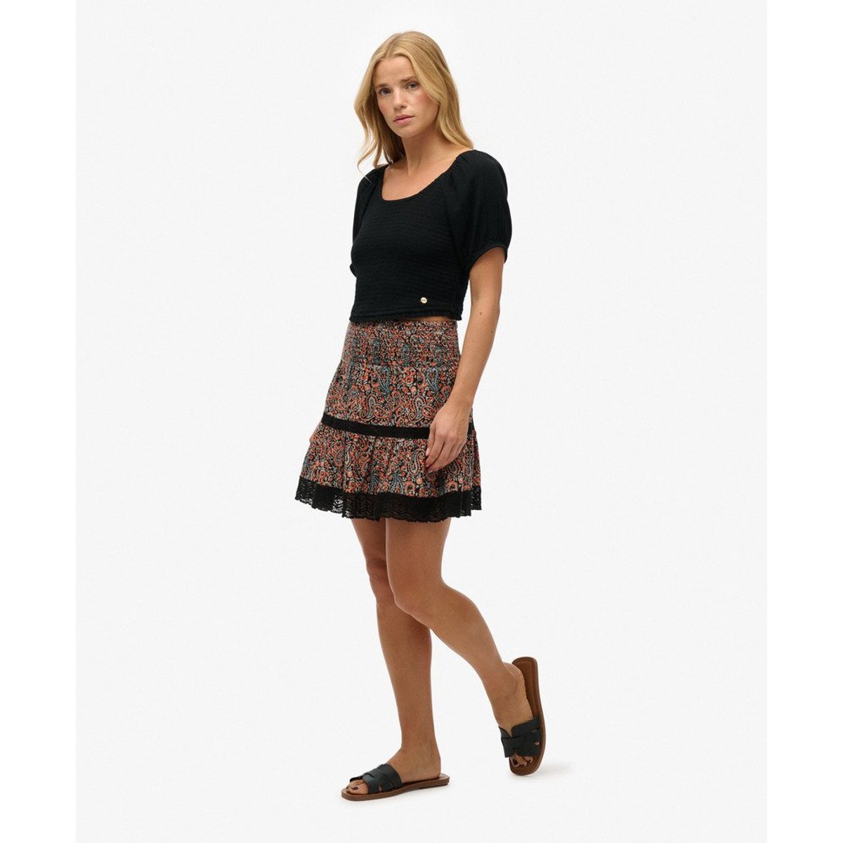 Mini-jupe imprimée à liseré en dentelle imprimé bloc cachemire, SUPERDRY