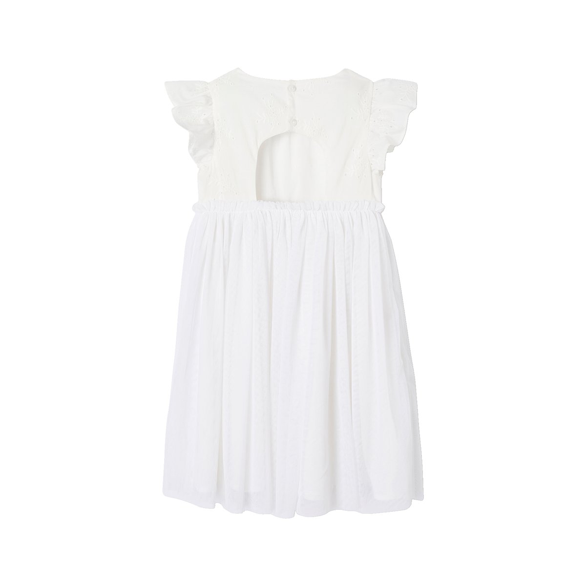 Robe cérémonie bi-matière en broderie anglaise et tulle blanc, VERTBAUDET