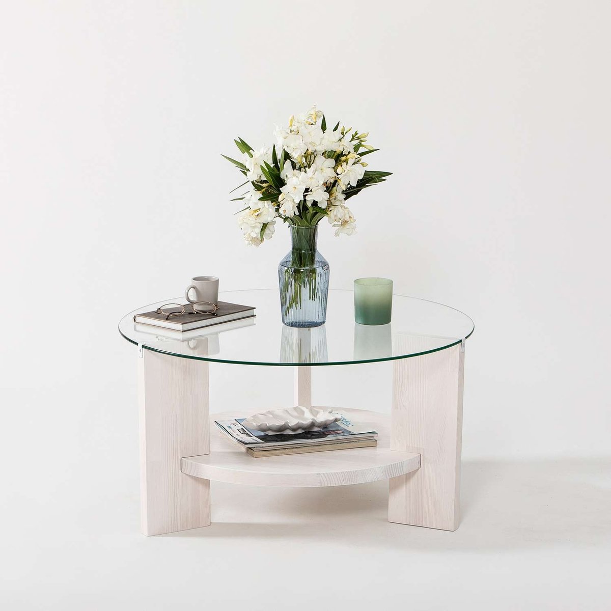 Table basse ronde 1 étagère en verre et bois massif AURÉLINE blanc, TOILINUX