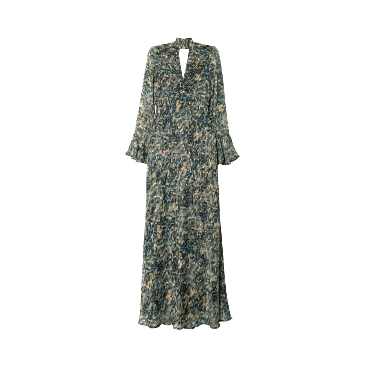 Robe midi imprimée à manches longues et encolure en V avec lacets autre, THE-ARE