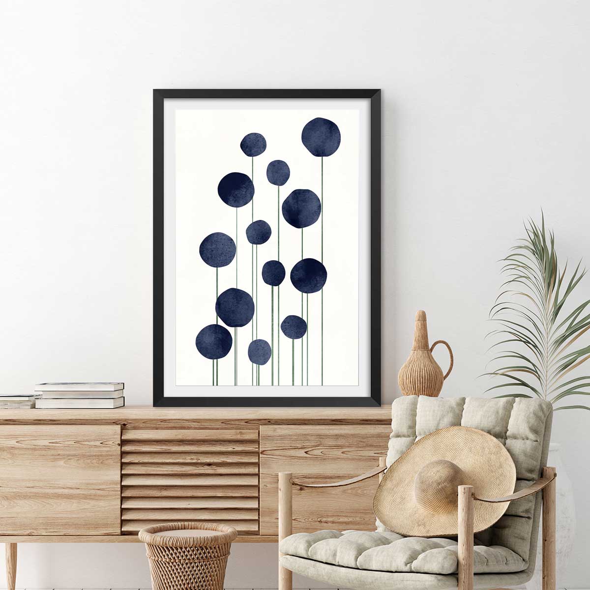 Affiche dessin ""fleurs d'eau"" affiche + cadre en bois - noir, HEXOA