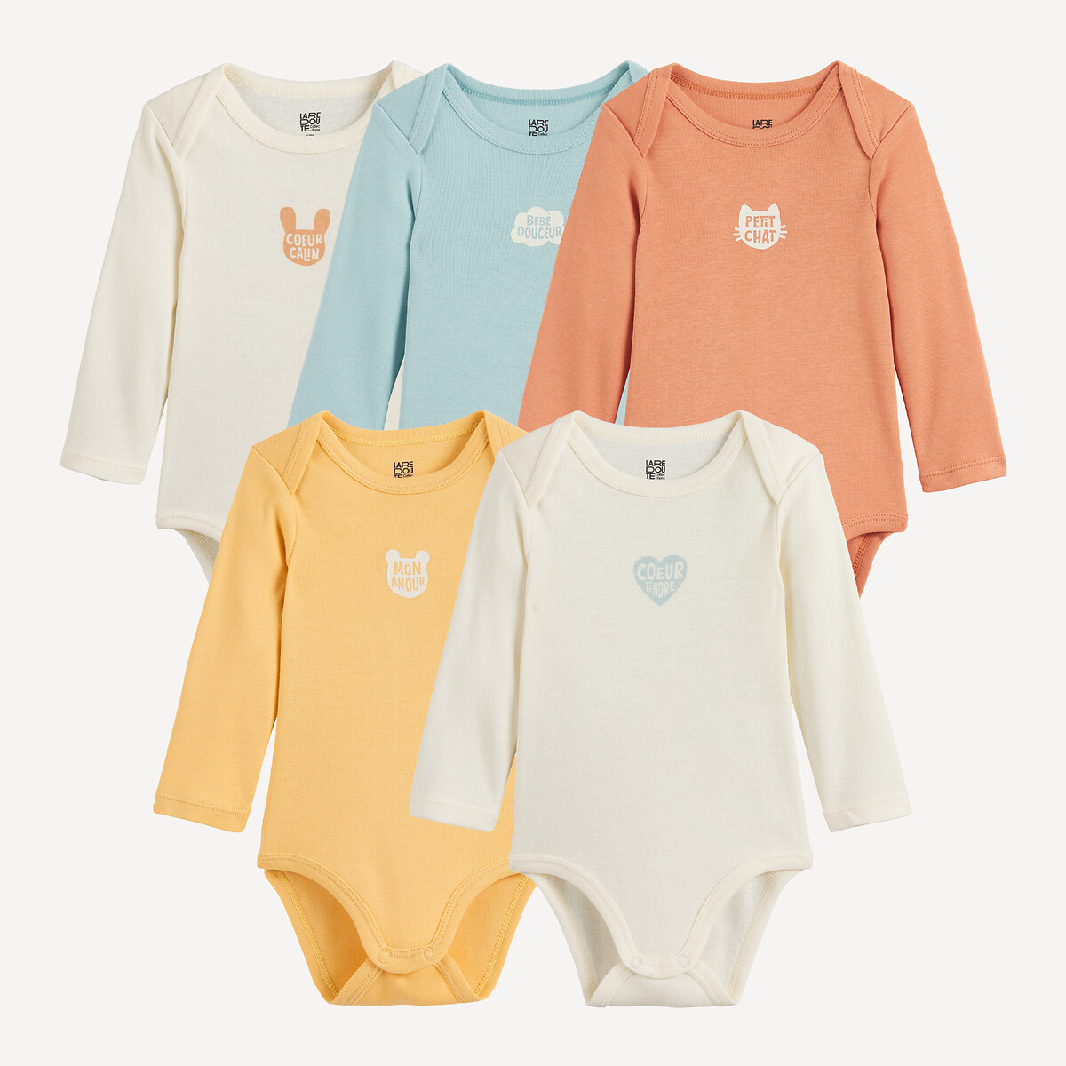 Lot de 5 bodies, à manches longues et à emmanchures américaines imprimé écru + beige + bleu, LA REDOUTE COLLECTIONS