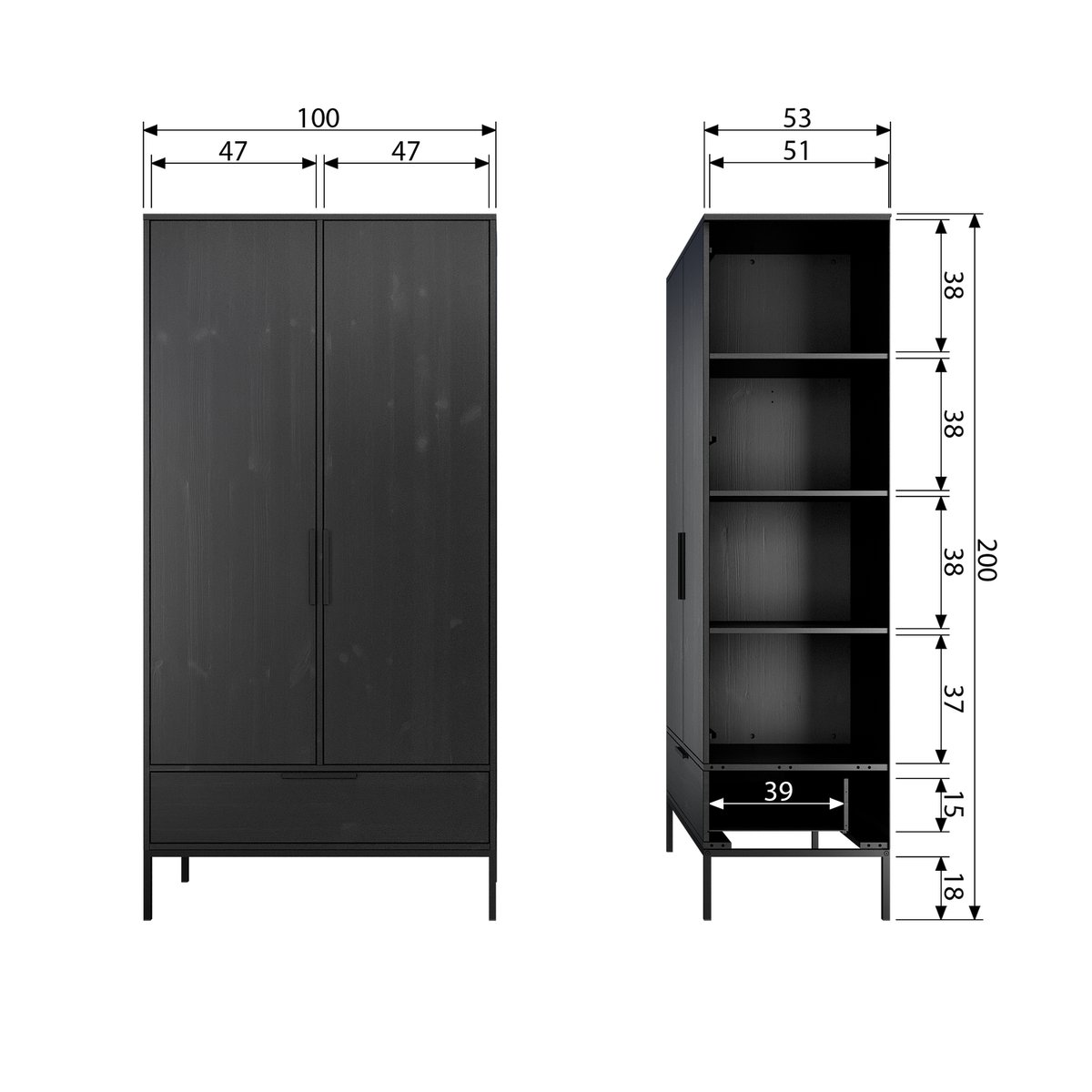 Armoire 2 portes et 1 tiroir en pin ADAM noir, WOOOD